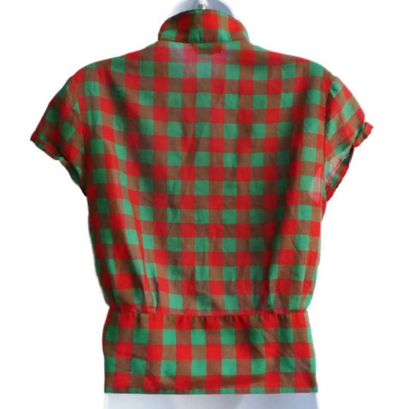 Vintage Blues Paris Red Green Check Crop Top Tie Waist Flower Buttons France M - Picture 3 of 9